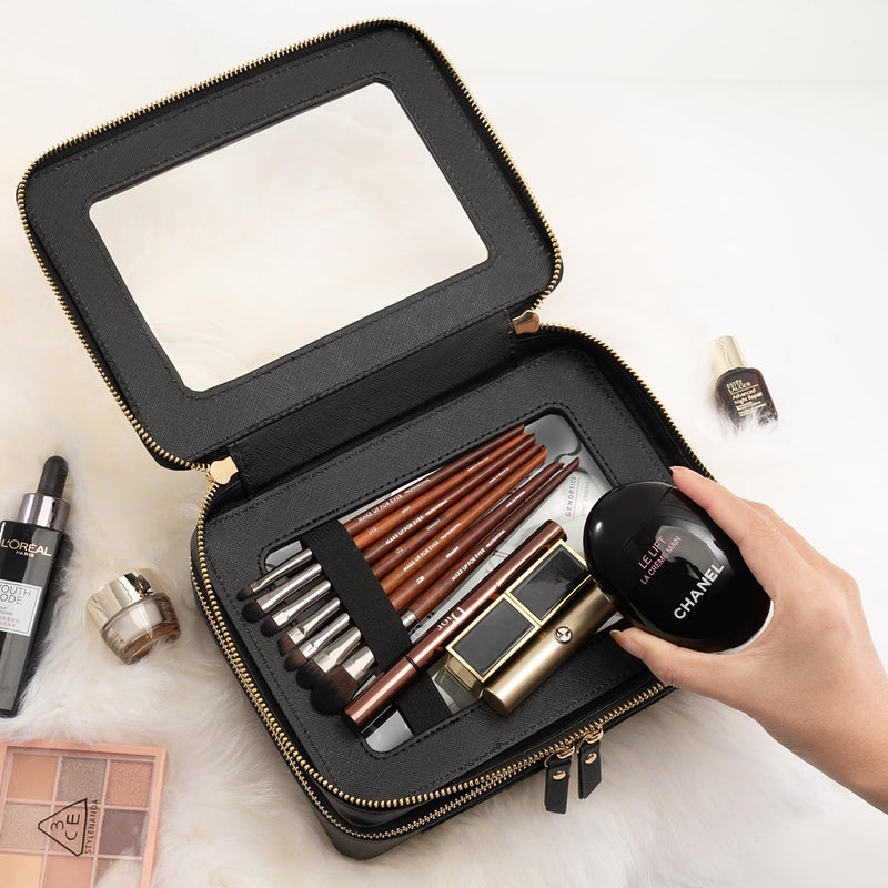Aveniee Clear Makeup Bags, Double Layer Cosmetic Bags with a Separate Brush Compartment, Travel Toiletry Bag Train Case for Women, Travel Accessories Organizer for Purse(2 Layers Large, Black) - Image 3